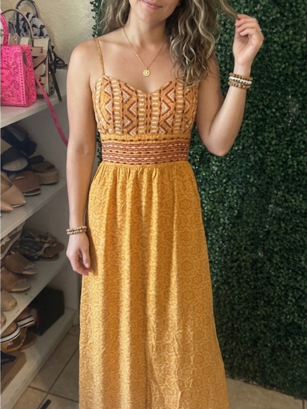 Xhilaration Mustard Yellow Patterned Maxi Dress with Smocked Waist 202